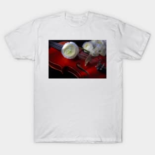 White Ranunculus Flower On Violin T-Shirt